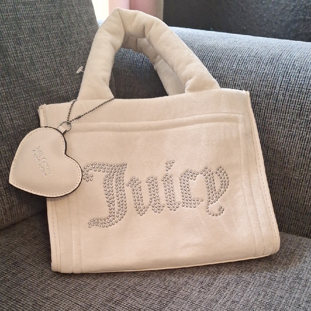 Juicy Couture Cream Tote with Rhinestone Logo and Velour Texture